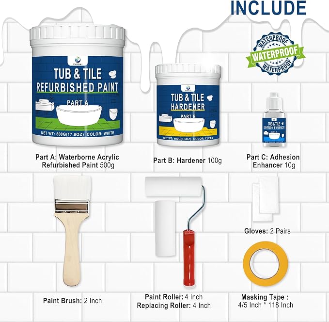 XUDOAI Bathtub Refinishing Kit Gloss White 21.5oz Tub Paint Reglazing | Tub and Tile Refinishing Kit with Tools, Paint for Bathroom/Kitchen/Shower/Porcelain/Sink/Ceramic