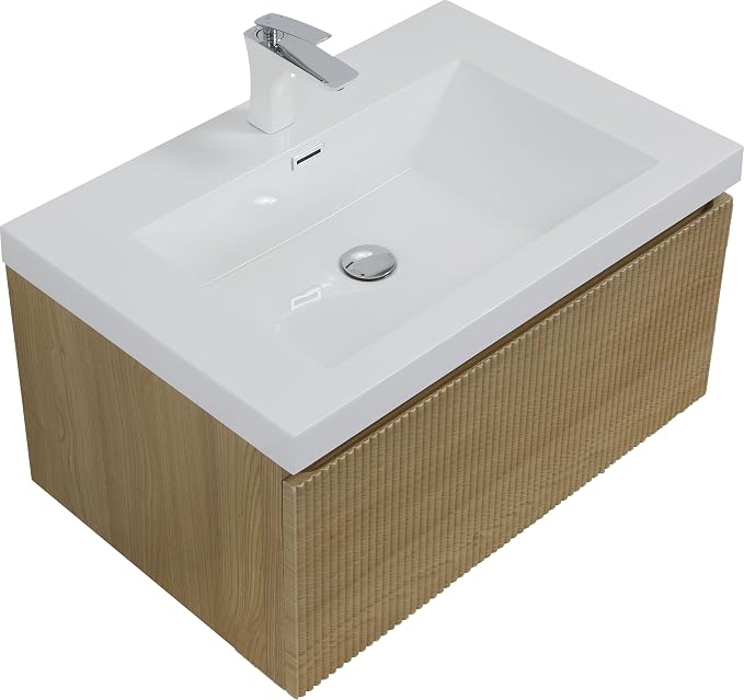 30 Inch Floating Bathroom Vanity with Sink, Modern Oak Wall Mounted Floating Vanity with Glossy Resin Sink, Soft Closing Drawer, Fully Pre Assembled Bathroom Vanity, Natural Oak