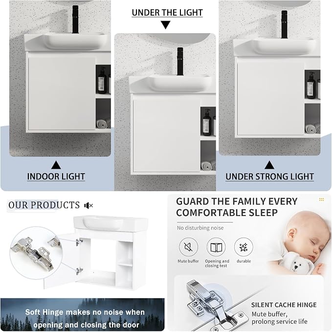 24" Bathroom Vanity with Ceramic Sink, Farmhouse Cabinet, White | Ceramic Sink, Soft-Close Door, Interior Compartment and 2-Tier Open Side Shelves, 45° Inclined Edge Handle