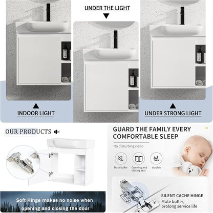 24" Bathroom Vanity with Ceramic Sink, Farmhouse Cabinet, White | Ceramic Sink, Soft-Close Door, Interior Compartment and 2-Tier Open Side Shelves, 45° Inclined Edge Handle