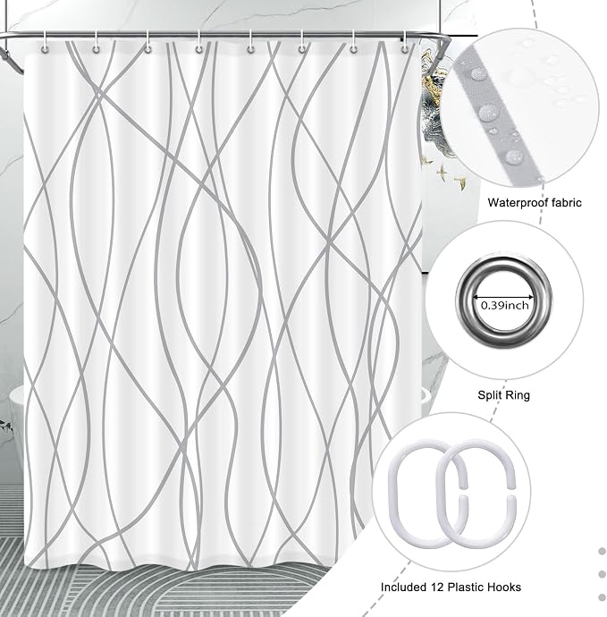 Striped Shower Curtain for Bathroom, Grey White, 54" W x 72" L | with Hooks, Modern Hotel Style, Water Repellent, Washable, Weighted Hem