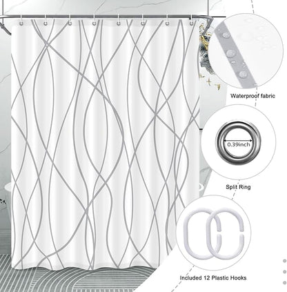 Striped Shower Curtain for Bathroom, Grey White, 54" W x 72" L | with Hooks, Modern Hotel Style, Water Repellent, Washable, Weighted Hem