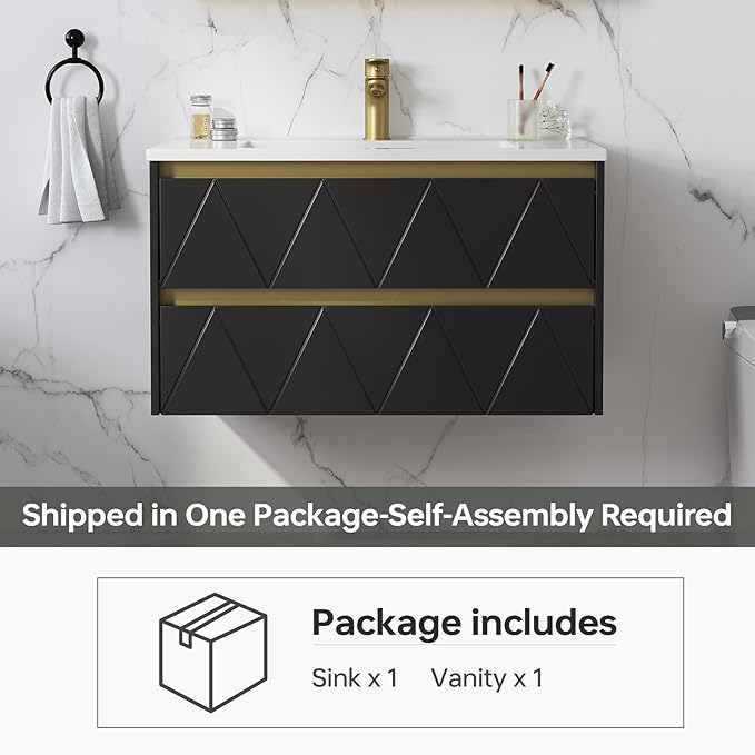 30 Inch Bathroom Vanity with Sink, Wall Mounted Floating Vanity with Modern Stripe Design, Floating Vanity Bathroom with U-Shaped Drawer, 30 Inch Vanity with Sink, Hidden Handle, Black