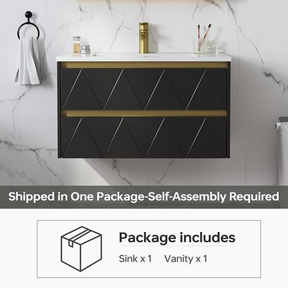 30 Inch Bathroom Vanity with Sink, Wall Mounted Floating Vanity with Modern Stripe Design, Floating Vanity Bathroom with U-Shaped Drawer, 30 Inch Vanity with Sink, Hidden Handle, Black