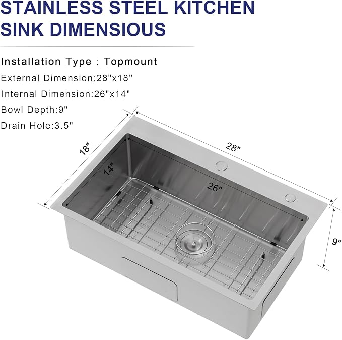 VAPSINT 28 Inch Drop in Kitchen Sink, 28x18 Inch Top Mount 16 Gauge Commercial T304 Stainless Steel Sink for Kitchen, 9 Inch Deep Handmade Single Bowl Basin Laundry Utility Wet Prep Sink, Fregadero