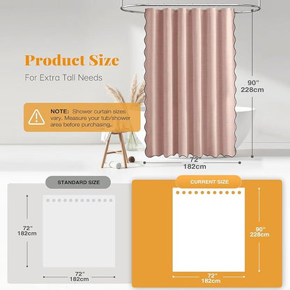 BTTN 90 Inch Long Shower Curtain, Boho Scalloped Linen Textured Heavy Duty Fabric Shower Curtain Set with Hooks, Tall Modern Cute Waterproof Washable Shower Curtains for Bathroom, 72x90, Blush Pink