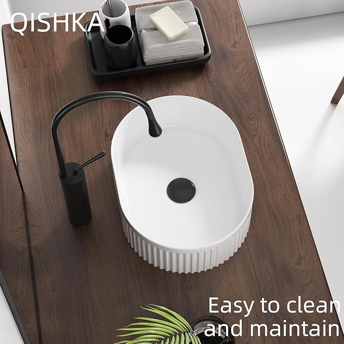 Oval Vessel Sink 16 Inch Above Counter - White Ceramic Countertop Bathroom Sink, 16" x 12" Modern Vanity Art Basin Porcelain Hand Wash Basin