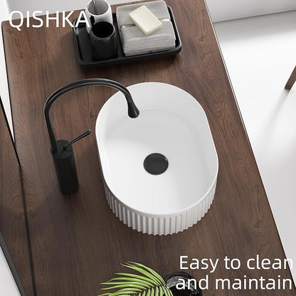 Oval Vessel Sink 16 Inch Above Counter - White Ceramic Countertop Bathroom Sink, 16" x 12" Modern Vanity Art Basin Porcelain Hand Wash Basin