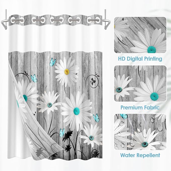 No Hook Shower Curtain with Snap in Liner 71x86 Inch Daisy Flower | Wooden Boards Gray Modern Double Layers Waterproof Fabric with See Through Top Window Open Grommet Bath Curtain
