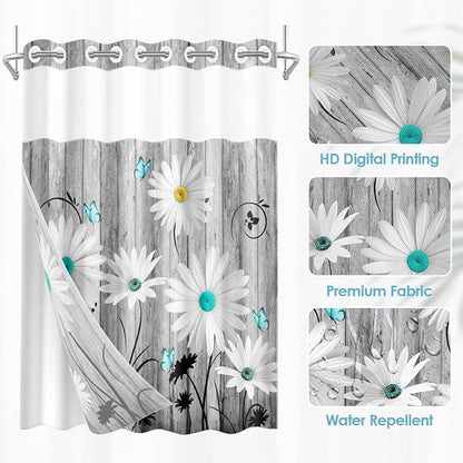 No Hook Shower Curtain with Snap in Liner 71x86 Inch Daisy Flower | Wooden Boards Gray Modern Double Layers Waterproof Fabric with See Through Top Window Open Grommet Bath Curtain