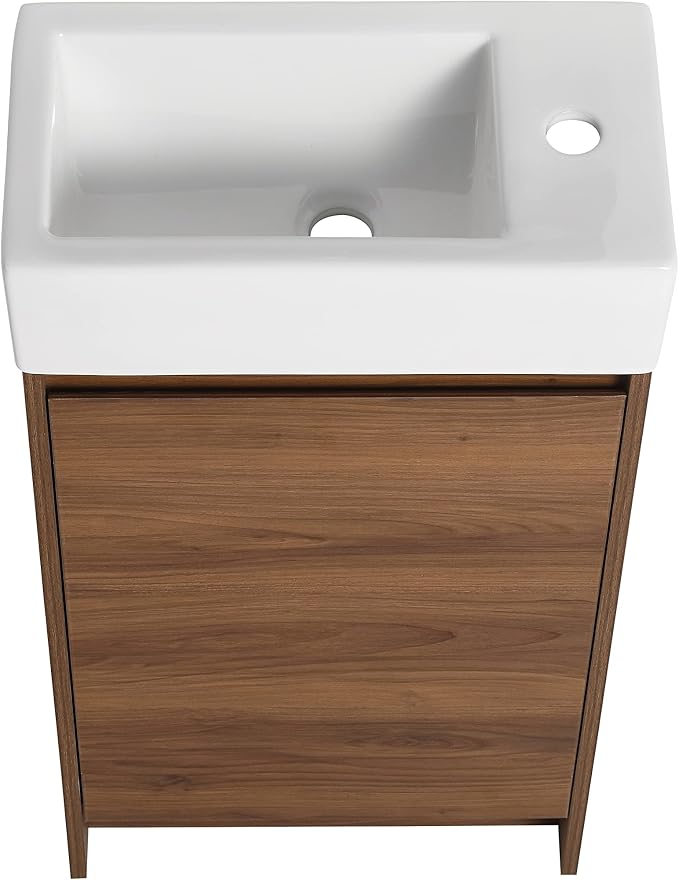 18-Inch Small Bathroom Vanity with Sink Mid-Century Bathroom Vanities with Top Basin Floor Wood Bathroom Sink Cabinet with Soft-Close Doors & Adjustable Storage Shelves(Walnut)
