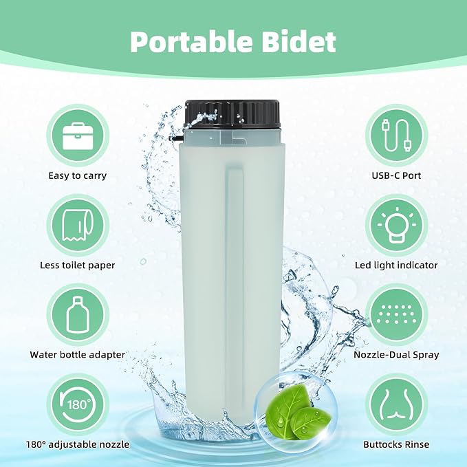 Hibbent Portable Bidet for Travel, High Pressure Handheld Electric Sprayer, Rechargeable Travel Bidet for Women & Men, Personal Hygiene Cleaning, Soothing Postpartum Care, perineal, Green