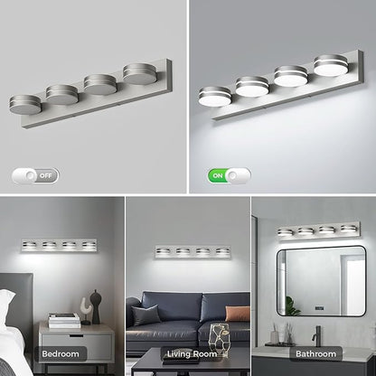 Modern 4-Light Brushed Nickel Bathroom Light Fixture for Bathroom Lighting Fixtures Over Mirror 24W Brushed Nickel Vanity Led Lighting with 350°Rotatable Acrylic Heads (Cool White 5500k)