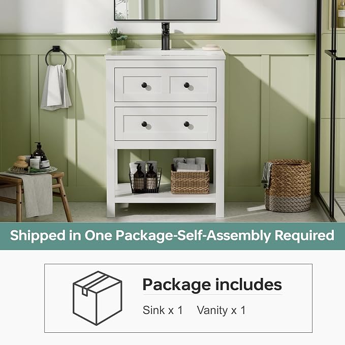 24 Inch Farmhouse Bathroom Vanity with Sink, White | Durable SMC integrated sink with 2 soft-close drawers, open shelf storage and adjustable feet, ideal for small bathrooms
