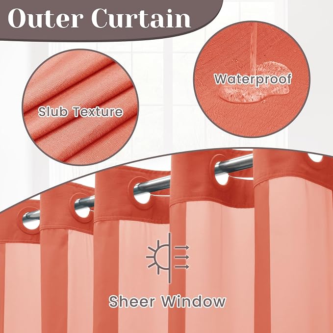 SORTTO No Hook Slub Shower Curtain with Liner, 71x74, Coral | Snap in Liner, 3 in 1, Bamboo Texture, Hotel Style, Waterproof Fabric, Mesh Top Window, Corner Magnets, Machine Washable