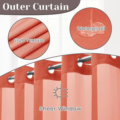 SORTTO No Hook Slub Shower Curtain with Liner, 71x74, Coral | Snap in Liner, 3 in 1, Bamboo Texture, Hotel Style, Waterproof Fabric, Mesh Top Window, Corner Magnets, Machine Washable