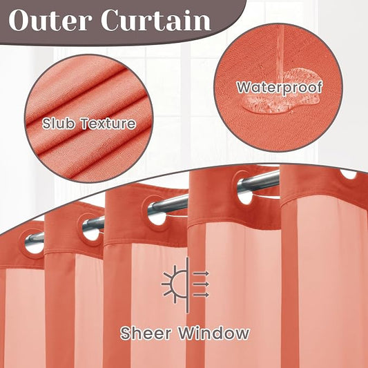SORTTO No Hook Slub Shower Curtain with Liner, 71x74, Coral | Snap in Liner, 3 in 1, Bamboo Texture, Hotel Style, Waterproof Fabric, Mesh Top Window, Corner Magnets, Machine Washable