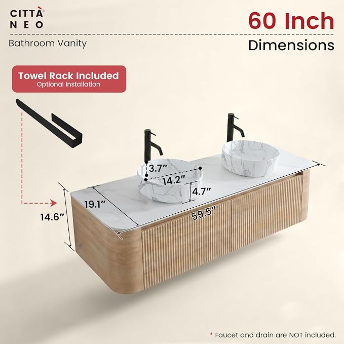 60" Floating Bathroom Vanity with Carrara Finish Sink, Honey Oak | Pre-Assembled Fluted Wall Mounted Double Sink Vanity with Sintered Stone Countertop, Soft-Close Drawers & Towel Rack