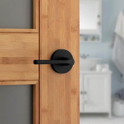 Kwikset Lisbon Interior Privacy Door Handle with Lock, Round Lever for Bathroom and Bedroom, Matte Black Reversible Keyless Push Button Lock Door Lever, with Microban Protection