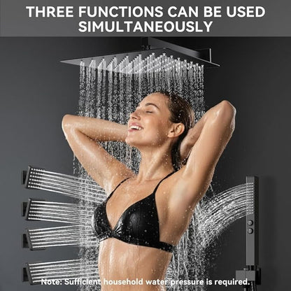 Shower System with 4 Body Jets Matte Black, STARBATH 12" Square Wall Mounted Rain Shower with Handheld Sprayer, Can Use All at Once, Push Button Complete Shower Faucets Sets with Valve and Trim Kit