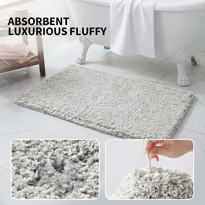 ILANGO Grey and White Bathroom Rugs 48" × 24" Non Slip & Super Absorbent Extra Thick Soft, Washable Bath Mat for Floor, Microfiber Plush Shaggy Bath Rug with Rubber for Bathtub Shower Room Sink