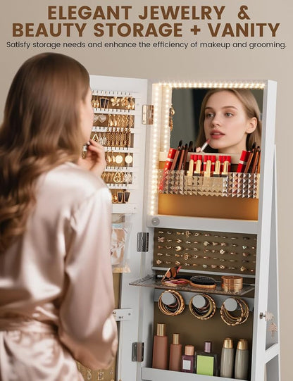 Full Length Jewelry Armoire with LED Mirror 360 Rotating White | Full length LED mirror, 3-color light, 360 rotating base, jewelry storage, makeup tray, shelves, drawers