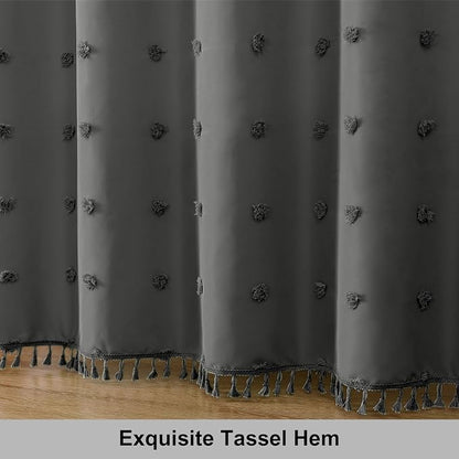 LilyCat Grey Farmhouse Tufted Floral Shower Curtain with Tassel, 72" x 72" | Waterproof Boho Fabric Shower Curtain Set with Hooks, Cute Rustic Vintage Bathroom Décor, Minimalist Cloth Bathroom Curtain