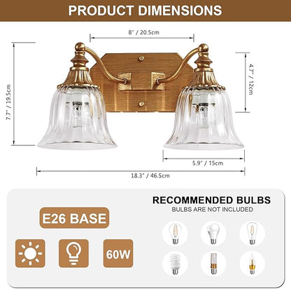 Gold Vintage Bathroom Light Fixtures, 2-Lights Bathroom Vanity Light, Antique Brushed Gold Lighting Fixtures Over Mirror with Crystal Glass Shade, Wall Sconce Lighting