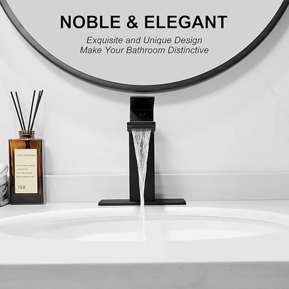 RUMOSE Matte Black Bathroom Faucets Set with Pop Up Drain Single Handle Bathroom Sink Faucet 1 & 3 Hole Waterfall Spout Vanity Faucet Kit with Deck Plate Rv Lavatory Basin Faucet, Stainless Steel
