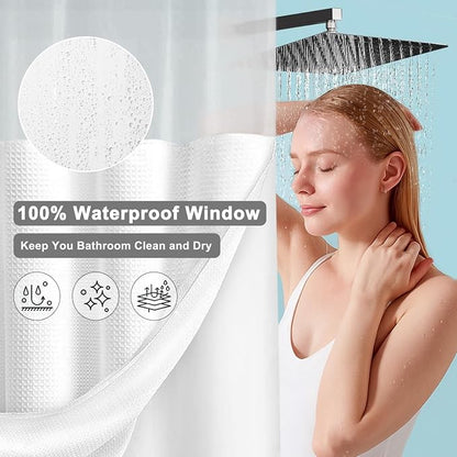 No Hook Shower Curtain with Fabric Liner White Hotel Waffle 75" L x 72" W,PEVA Frosted Window