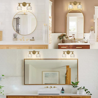 Gold 2 Light Bathroom Vanity Light,14.9in Modern Bathroom Lighting Fixtures Over Mirror with Tulip Crystal Glass Shade,Brass Vintage Vanity Lights for Bathroom Living Room Bedroom（not include bulbs)
