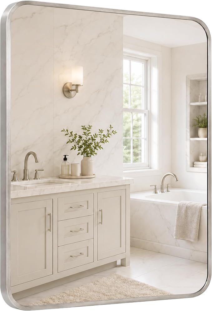 30x36 Inch Brushed Nickel Rounded Rectangle Bathroom Vanity Mirror | For Over-Sink Bathrooms, Corrosion-Resistant Aluminum Frame, Slim Front Profile, Two-Way Mount, Protective Packaging