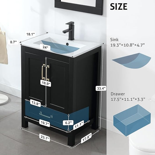 eclife 24" Bathroom Vanities with Sink Combo, Modern Thickened Wood Bathroom Storage Cabinet w/Undermount Sink, Matte Black Faucet Drain, Painted Surface, Black