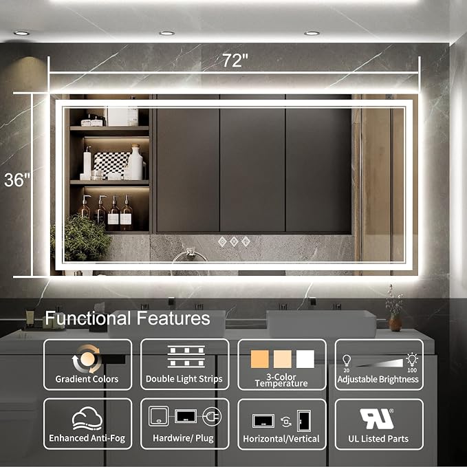 LED Bathroom Mirror with Lights, 72x36 Inch Gradient Front and Backlight LED Mirror, 3 Colors Dimmable CRI>90 Double Light, IP54 Enhanced Anti-Fog, Hanging Plates Wall Mount Bathroom Mirror