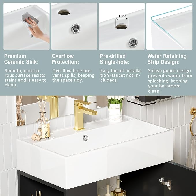 Merax 21.6 Inch Bathroom Vanity with Top Sink, Modern Small Bathroom Storage Cabinet with Left Side Storage, Solid Wood Frame Single Sink Bath Vanities, Black