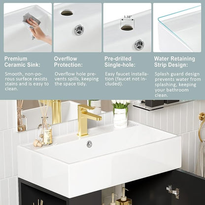 Merax 21.6 Inch Bathroom Vanity with Top Sink, Modern Small Bathroom Storage Cabinet with Left Side Storage, Solid Wood Frame Single Sink Bath Vanities, Black