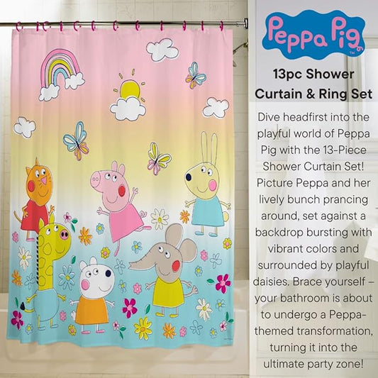 Peppa Pig 13-Piece Shower Curtain Set, 72 x 72 Inch Fabric Curtain with Hooks, Bathroom Decor, Machine Washable, (100% Officially Licensed Product) by Franco Collectibles
