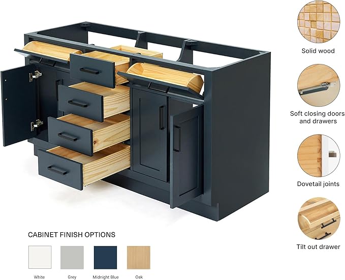 ARIEL Hepburn 60-inch Bathroom Vanity Base Cabinet,Solid Wood, 4 Soft Closing Doors, 6 Dovetail Drawers, Midnight Blue