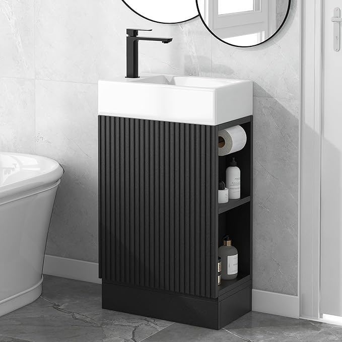 Merax Bathroom Vanity with Sink 18.6 Inch, Cabinet with Storage Shelf & Toilet Paper Holder, Left or Right Available,