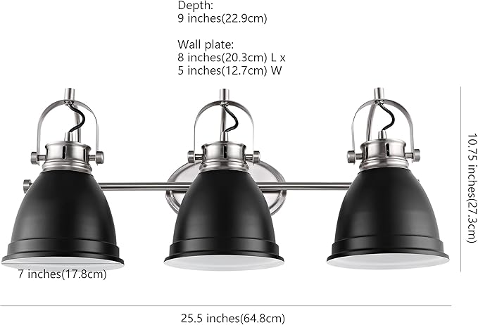JONATHAN Y 25.5" Black/Nickel 3-Light LED Vanity Light, Adjustable Wall Sconce for Bathroom Mirror, Farmhouse Bohemian Kitchen Light, Iron Black Bell Shade (JYL1116A)