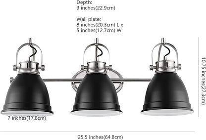 JONATHAN Y 25.5" Black/Nickel 3-Light LED Vanity Light, Adjustable Wall Sconce for Bathroom Mirror, Farmhouse Bohemian Kitchen Light, Iron Black Bell Shade (JYL1116A)