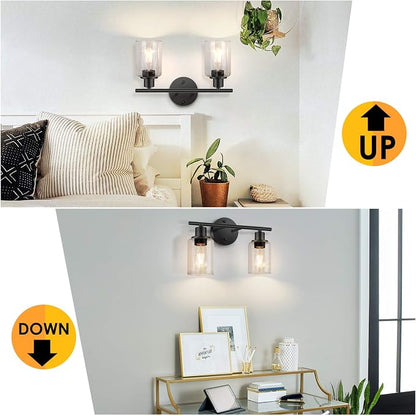 Bathroom Light Fixtures, 2 Light Black Vanity Light, Wall Sconces Lighting | Modern Bath Wall Mounted Lights with Glass Shade, Porch Wall Lamp for Mirror, Living Room, Bedroom, Hallway, Cabinet