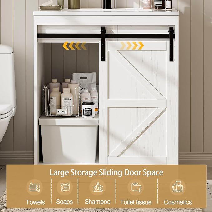 SUNTAGE Bathroom Vanity with Sink, Freestanding Farmhouse Bathroom Storage Cabinet with 3 Drawers & Sliding Door, White Resin Basin Vanity Combo Set (Distressed White, 30")