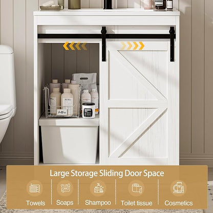SUNTAGE Bathroom Vanity with Sink, Freestanding Farmhouse Bathroom Storage Cabinet with 3 Drawers & Sliding Door, White Resin Basin Vanity Combo Set (Distressed White, 30")