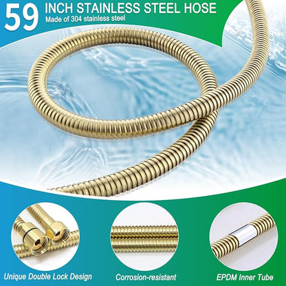 ENGA Square Brushed Gold Solid Brass Hand Held Shower Head With Wall Connector and Hose Wall Mount Handheld Showerheads Set