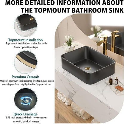 19x15 Black Topmount Vessel Bathroom Sink | black drop in dtopin top mount over counter rectangle bathroom sink
