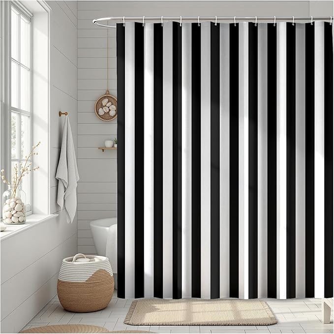 Striped Shower Curtain, Black and White Retro Pastel Striped Pattern, Waterproof Polyester Fabric Shower Curtains Sets with Hooks for Bathroom 72x72 Inches