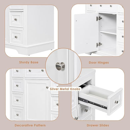36" Bathroom Vanity Without Sink, Base Only,One Cabinets and Six Drawers,Wood Set Frame W/Adjustable Shelf,Water, Stain Proof,White
