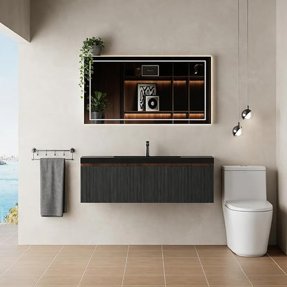 48'' Floating Bathroom Vanity with Sink, Wall-Mounted Bathroom Storage Cabinet with Soft-Close Striped Drawer, Cabinet Door & Quartz Sand Basin, Smoked Walnut Body with Internal Handle, Black