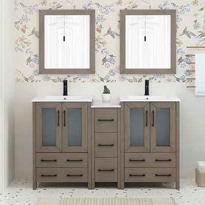 HOMEBEYOND 60 Inch Modern Bathroom Vanity with Sink & Mirror, Double Sink Vanity Cabinet with Basin and Mirror, Dove-Tailed Drawers, Soft-Closing Doors, Wood, Driftwood Gray